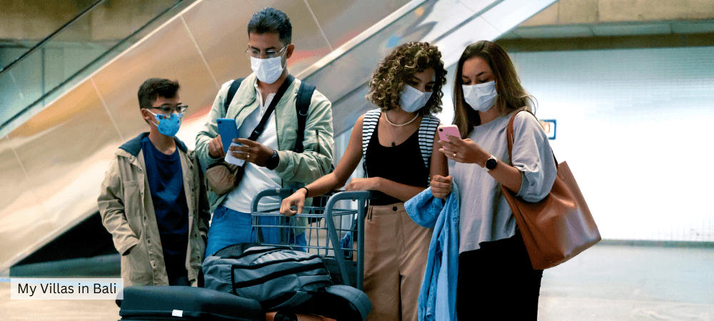 group of tourists arriving to Bali airport